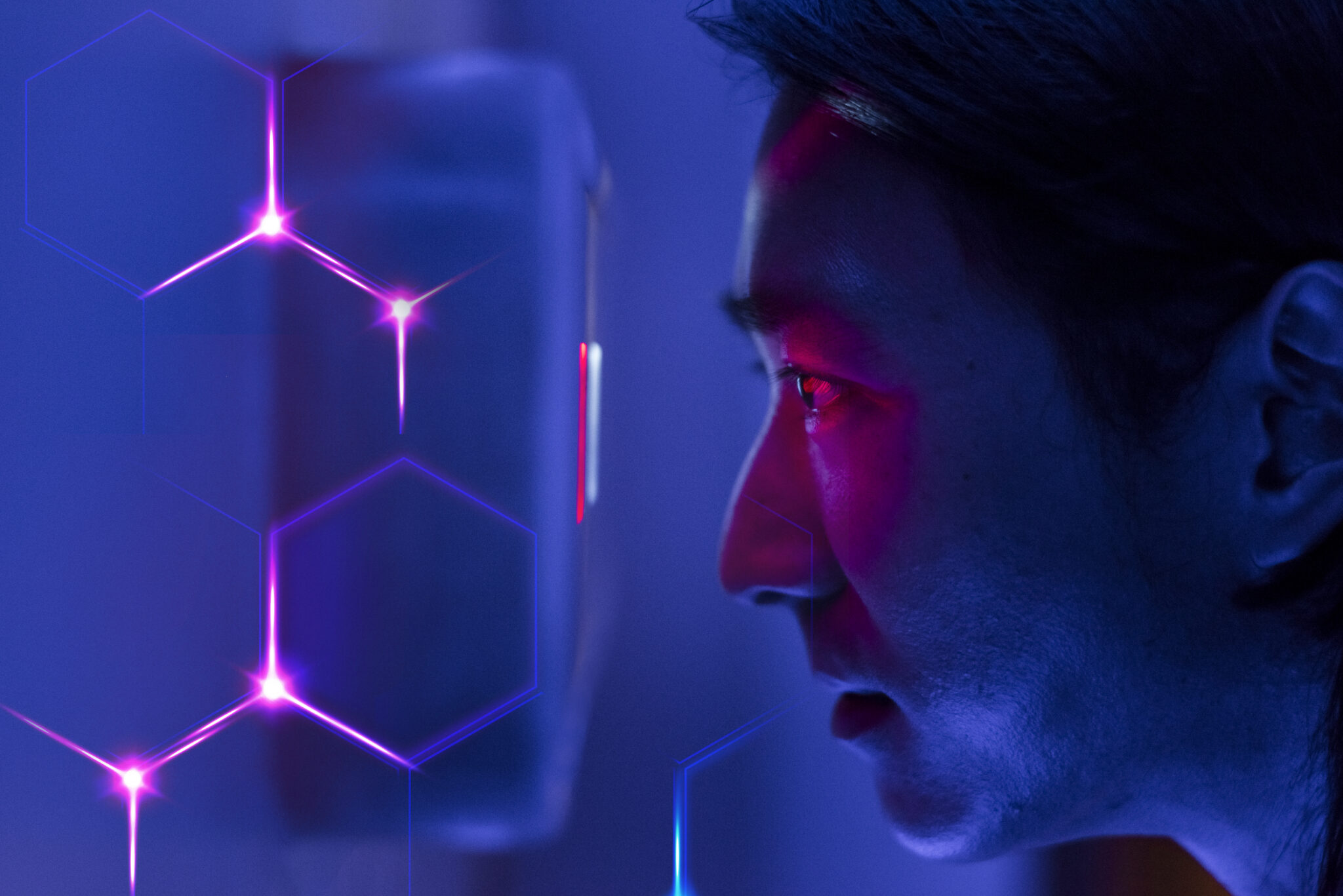 man scanning his eyes biometrics security technology digital rem